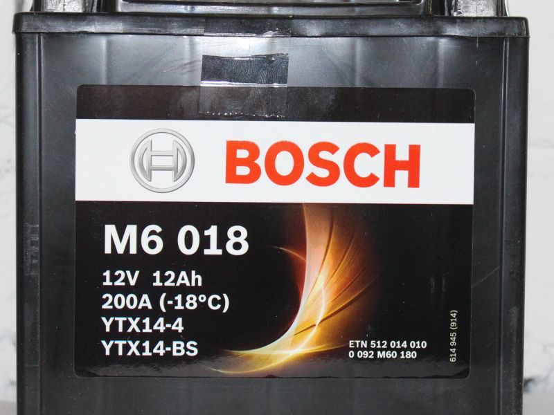Аккумулятор BOSCH M6 018 YTX14-BS YTX14-4 оригинал (арт. 0092M60180), аналог 31500-HP0-305, 31500-HA7-303, 31500-HA7-304, 31500-HA7-670, 31500-HA7-671, 31500-HA7-672, 31500-HA7-673, 31500-HA7-674, 31500HP0305, 31500HA7303, 31500HA7304, 31500HA7670